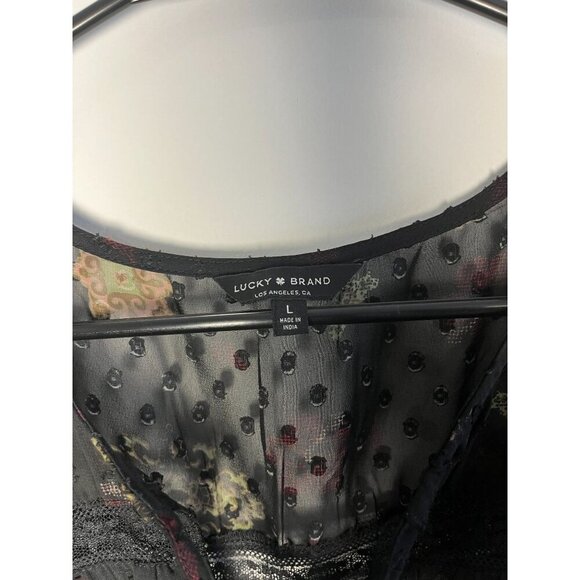 Lucky Brand Peasant Blouse Size L Black Sheer Floral Bell Sleeve Swiss Dot - Picture 4 of 6